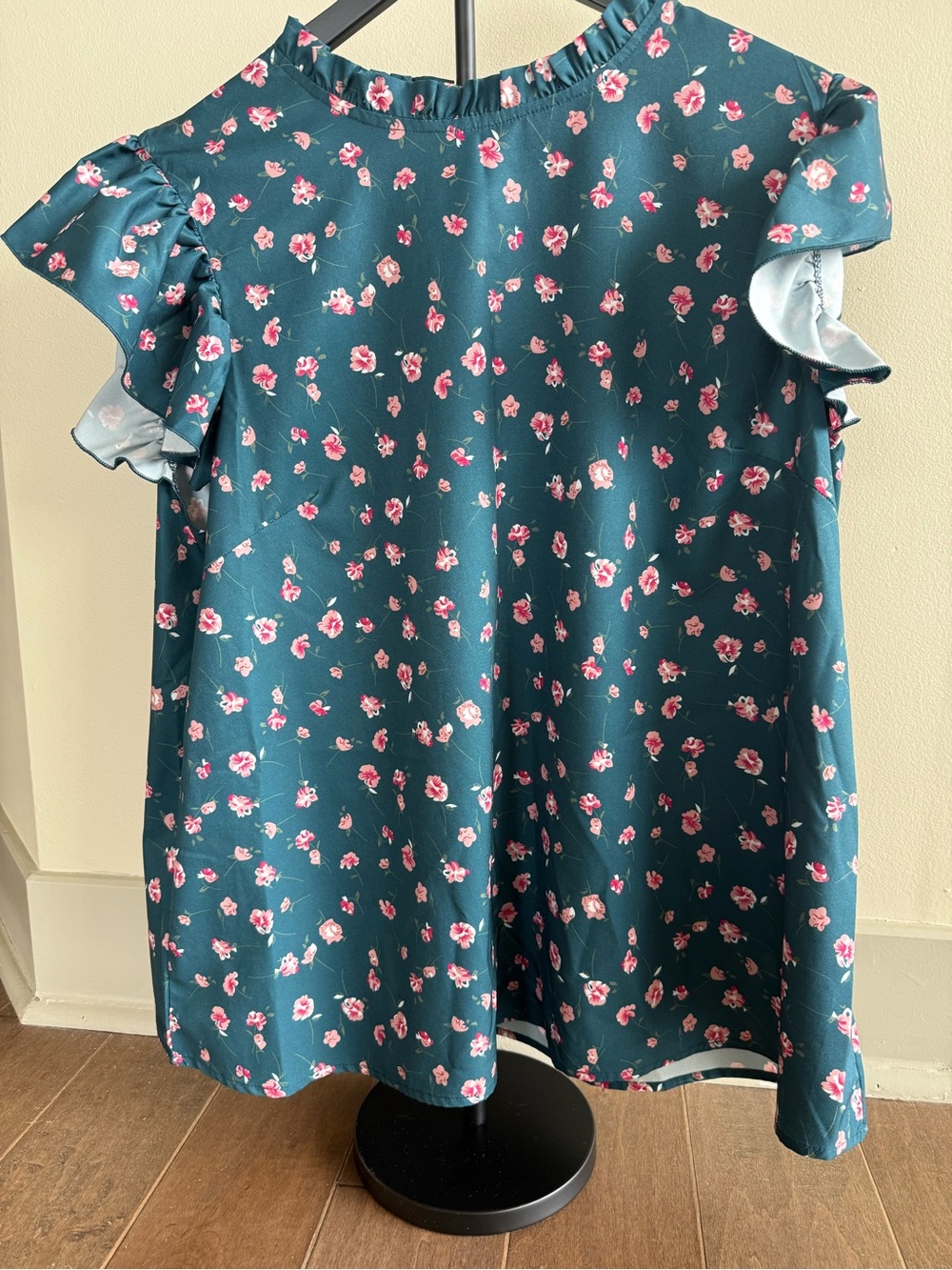 SHEIN Teal Floral Ruffle Sleeve Top
